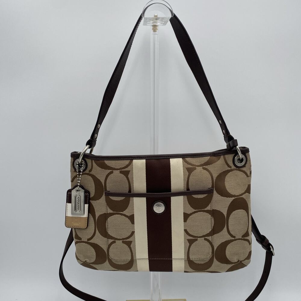 Coach Hamptons Weekender Striped Jacquard Canvas Convertible Shoulder Bag Brown
